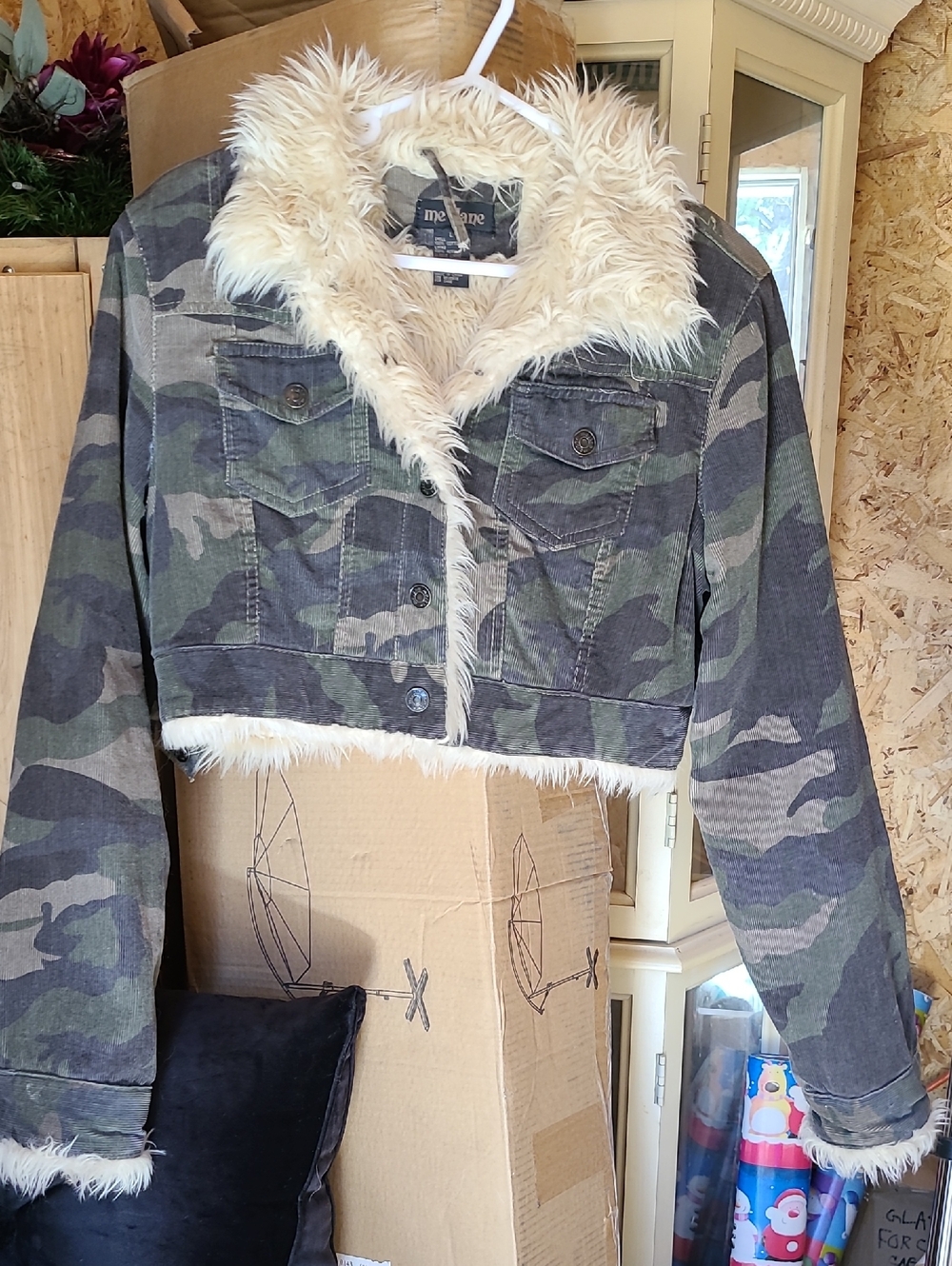 Me Jane Cream Faux Fur Trim Jacket with Charcoal Label
